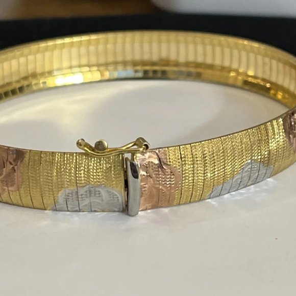 18KT Plated Sterling Silver Floral  Tri-Tone Bangle Bracelet MSRP: $450 - Picture 4 of 6